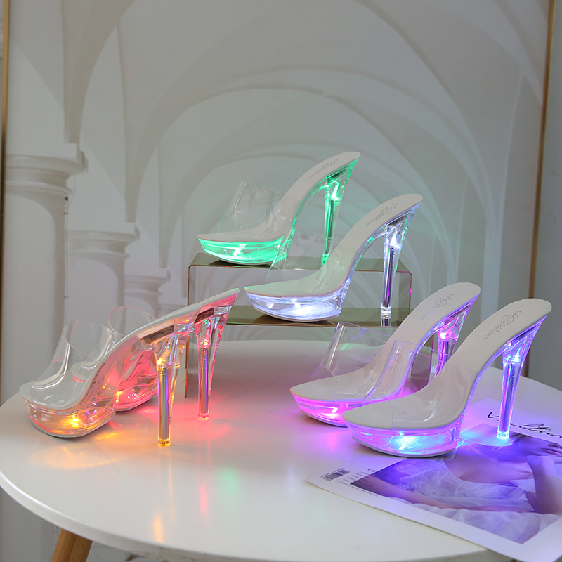 Luminous Led Stripper Sexy Super High Heels Stiletto Waterproof Platform Slippers Transparent Model Crystal Shoes Wedding Shoes Summer