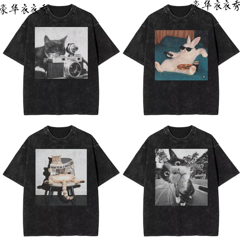 Heavyweight Kung Fu Kid Cat Print Washed Black Trendy Retro T-Shirt Pure Cotton Short-Sleeve American Style Loose Fit Unisex