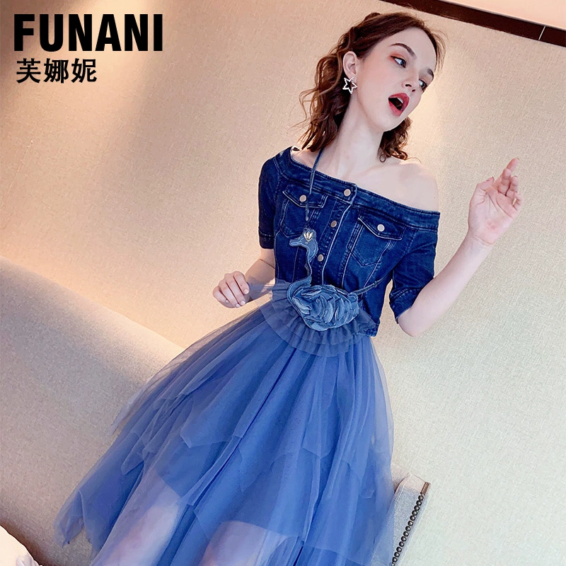 Váy lưới denim mùa hè 2020 mùa hè mới nước ngoài eo thon giảm béo hoa chuông váy quần áo phụ nữ - váy đầm