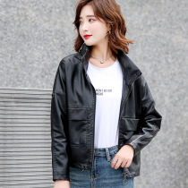Henning genuine leather leather clothes female short middle aged lady Spring and autumn loaded with collar leather jacket loose big code sheep leather outer cover