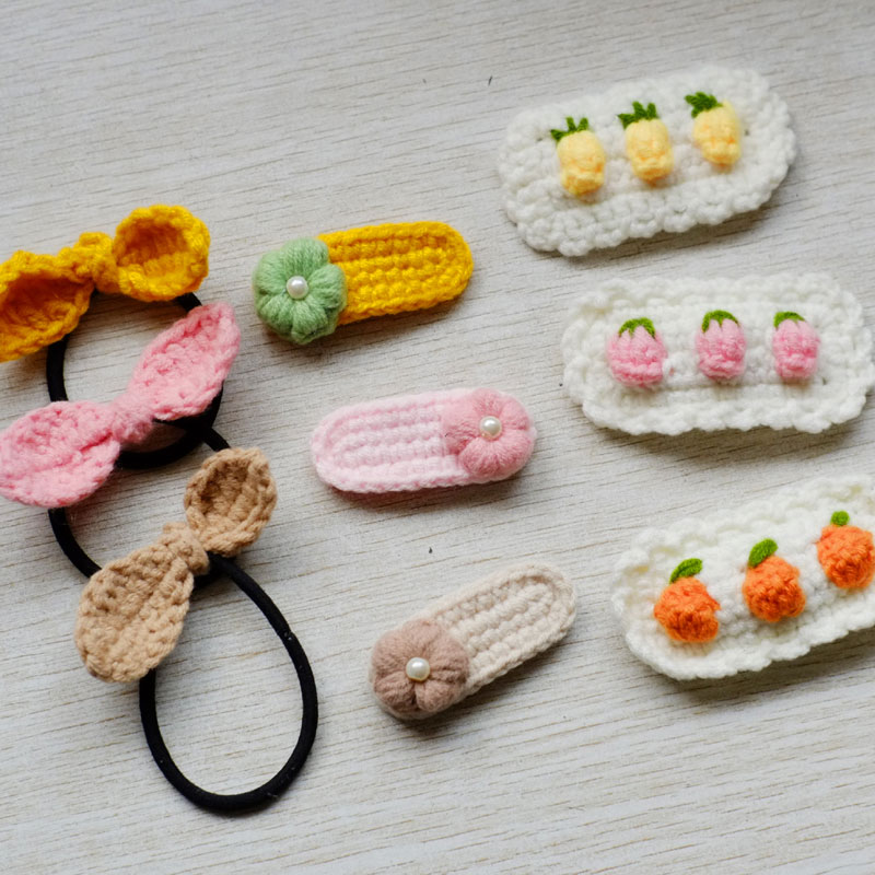 New handmade DIY crochet doll woven material with rabbit ears, hair rings, flower and fruit hairpins