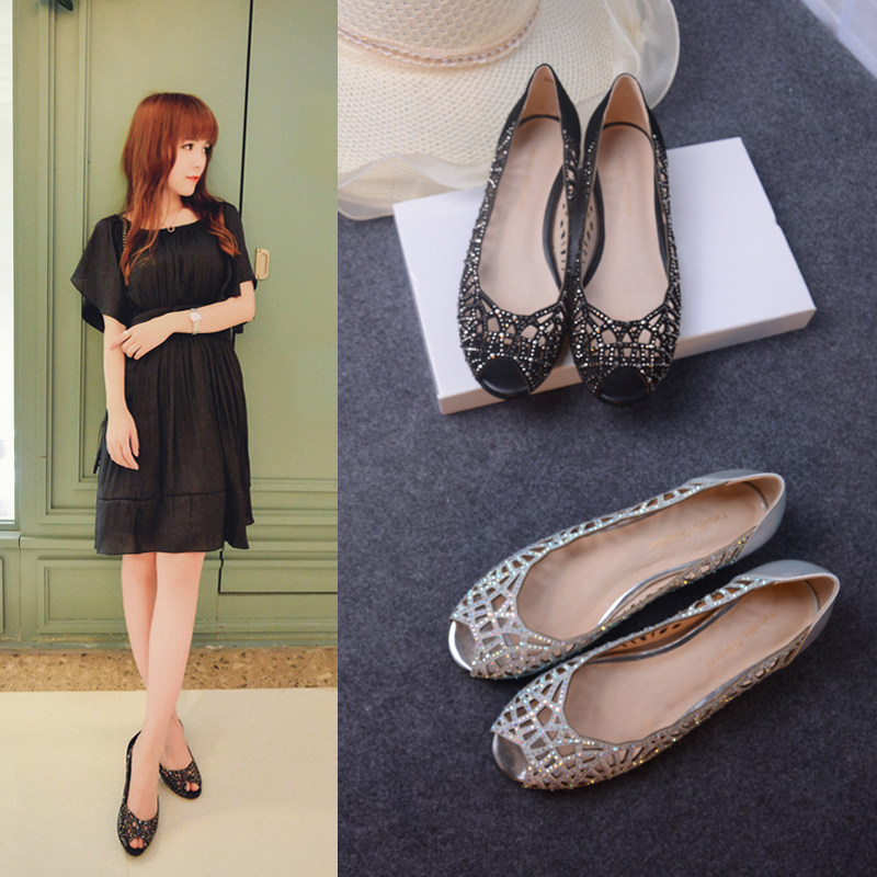 European Station 2023 Summer Rhinestone Flat Shoes Flat Heel Hollow Genuine Leather Sheepskin Sandals Shallow Mouth Peep-Toe Shoes Women's Shoes