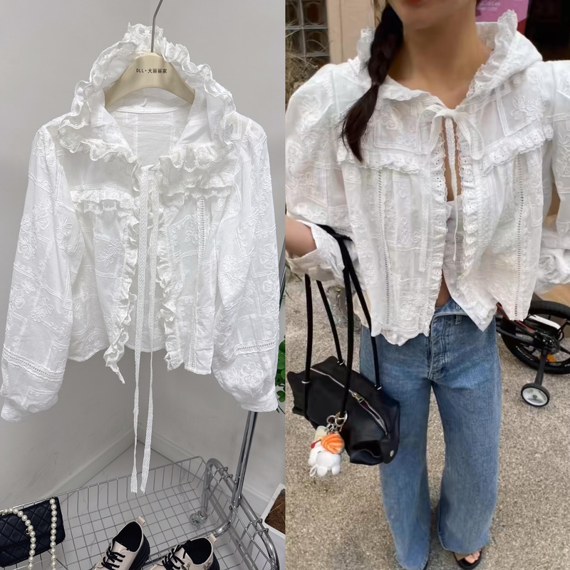 2025 Dongdaemun New Heavy-Duty Lace Crochet Patchwork Design Double Lace Trim Hooded Jacket Sun Protection Top