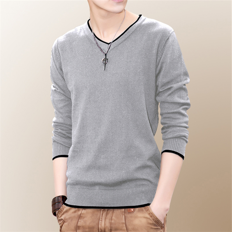 2026 New Style Long-Sleeve Cotton Knit T-Shirt for Spring and Autumn, Korean Style V-Neck Thin Base Layer Knit Top for Men