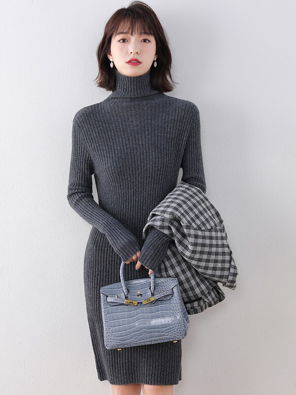 High-Neck 100% Wool Knitted Dress for Women, Autumn and Winter Mid-Length Slim Fit Bodycon Knitted Sweater Dress
