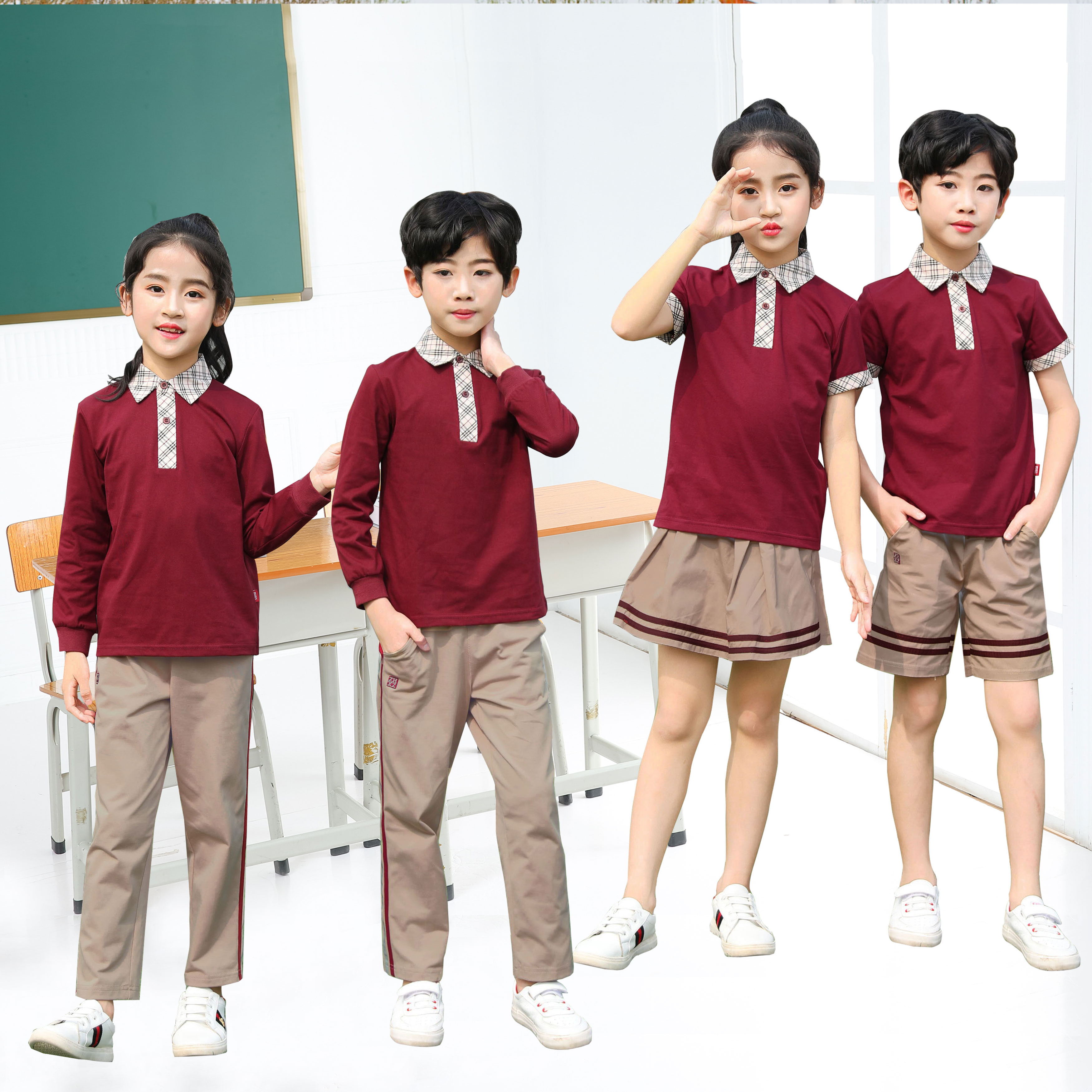 Zhuhai Xiangzhou District Primary school uniform Summer uniform Pants suit class uniform Cotton top T-shirt long sleeve spring and autumn season