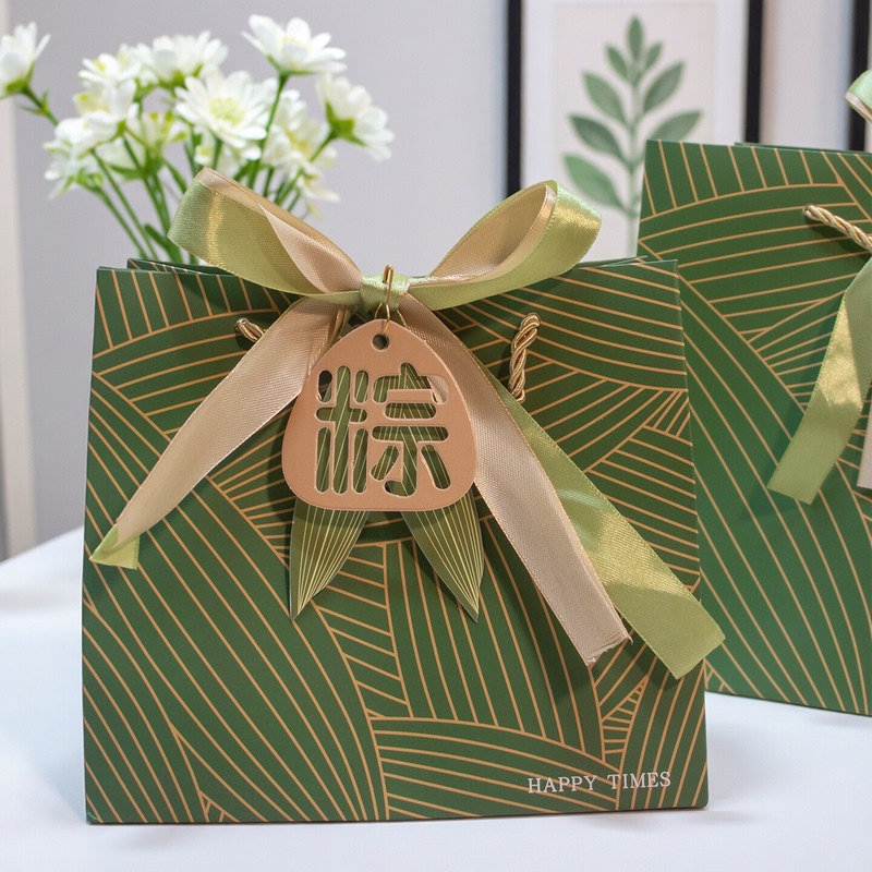 High-End Dragon Boat Festival Gift Bag with Bow, Packaging Bag for Rice Dumplings and Salted Duck Eggs, Green Tote Bag, Large