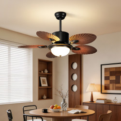 Medieval Style Restaurant Fan Lamp, Retro Walnut Wood Grain Ceiling Fan Lamp, Household Living Room and Bedroom Variable Frequency Integrated Fan Lamp