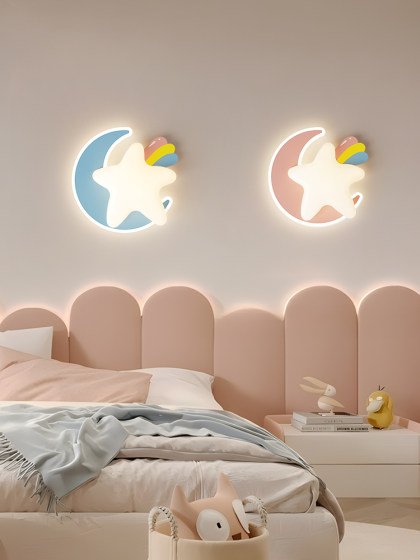 Children's Room Wall Lamp, Cream Style, Creative Star and Moon Bedroom Bedside Lamp, Nordic Warm Princess Room Study Room Lamp