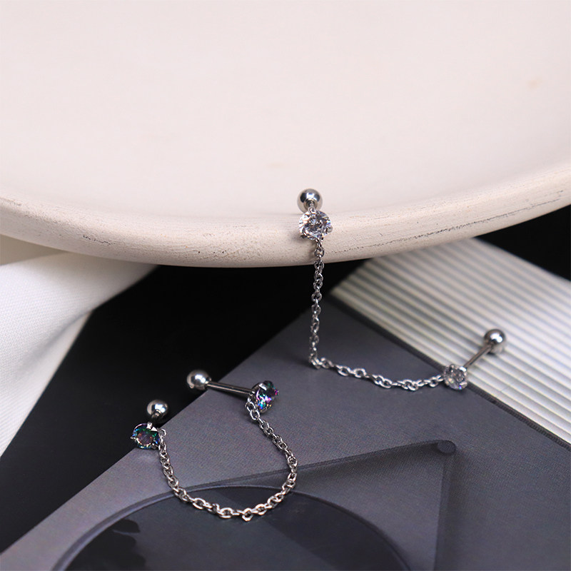 Titanium Steel Earbone Nail Fine Needle Double Ear hole ear pin Colour zircons chain Double ear hole Earrings female one-piece lukewarm wind