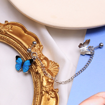 Original Xianqi Mori Blue Butterfly Double Ears Connecting Chain Earrings 2020 New Tide Ear Bone Nail Female Ear