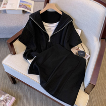 Large size fake two-piece navy collar top shorts two-piece suit fat sister MM temperament fried street slimming suit female summer tide