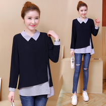 Large size belly cover base shirt 2021 spring and autumn new womens fat mm loose thin fake two-piece long-sleeved top for women