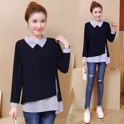 Large size belly-covering bottoming shirt 2021 spring and autumn new women's fat mm loose thin fake two-piece long-sleeved top women