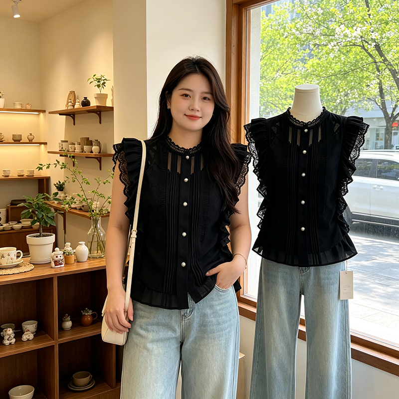 Plus Size Women's Clothing 2026 Summer New Black Round Neck High-End Lace Splicing Versatile Top Elegant Sleeveless Shirt Plus Size Women's Clothing 2026 Summer New Black Round Neck High-End Lace Splicing Versatile Top Elegant Sleeveless Shirt