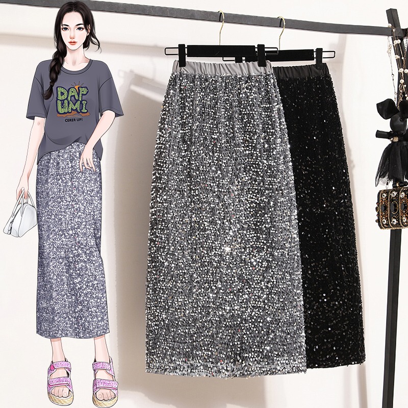 Plus-Size Sequin Skirt for Women, 2026 Summer New Style, High-Waisted, Slimming, Mid-Length Skirt for Chubby Girls with a High-End Feel