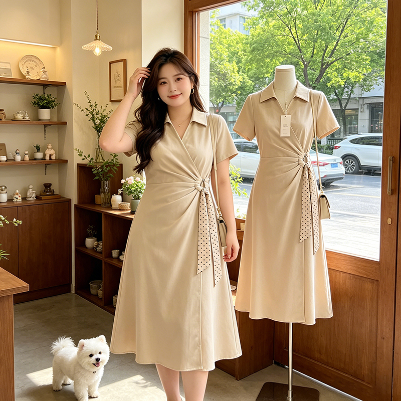 Plus-Size French-Style White Apricot Short-Sleeved Shirt Dress for Women, Summer 2026 New Model, Super Pretty Waist-Cinching Long Dress