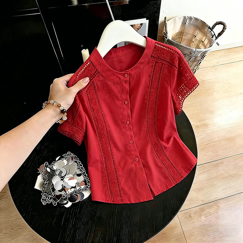Plus-Size Casual Red Lace Shirt for Women, 2026 Summer New Style, Loose Fit, Slimming, Versatile Top for Curvy Women