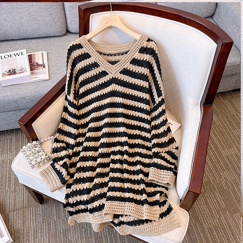 Plus Size 2026 Spring New V-Neck Striped Slimming Sweater Dress for Fat Women, Loose Base Shirt Knitted Dress for Women
