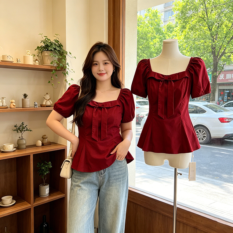 Plus-Size Red Square-Neck Short-Sleeve T-Shirt for Women, 2026 Summer New Style, Stylish Waist-Cinching Babydoll Top for Chubby Girls Plus-Size Red Square-Neck Short-Sleeve T-Shirt for Women, 2026 Summer New Style, Stylish Waist-Cinching Babydoll Top for Chubby Girls