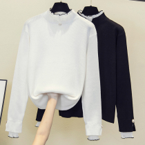 Plus-size womens loose and thin half-high collar T-shirt in the spring of 2023 new fat MM long-sleeved sweater with wooden ears