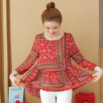 Early spring new large size womens clothing fat sister mm belly cover top womens mid-length foreign style loose floral bottoming shirt