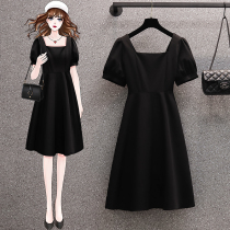 Plus-size womens clothing 2023 summer new slimming belly-covering dress fat sister black waist A-line little black dress