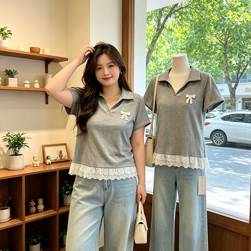 Plus-Size Lace-Trimmed Hem Polo Collar Short-Sleeve T-Shirt for Women, 2026 Summer New Style, Slimming and Age-Reducing Top for Curvy Women