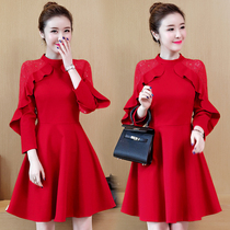 Spring and autumn large size fat mm dress New Years Festival Chinese style Western style waist thin long sleeve base skirt female