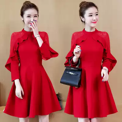 Spring and Autumn clothes, large size, fat mm dress, New Year's festival, Chinese style, Western style, waist, thin, long sleeves, bottoming skirt, female