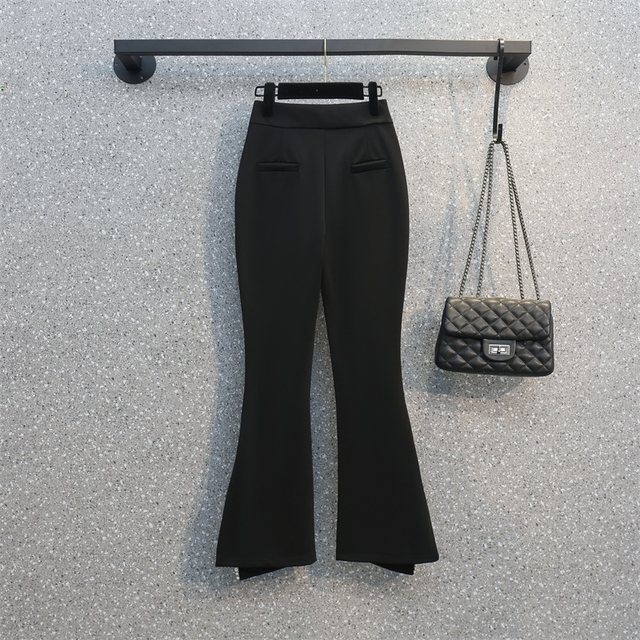 High-waist fashion pearl micro-cut eight-point pants women's summer thin section large size fat mm elastic thin nine-point flared pants