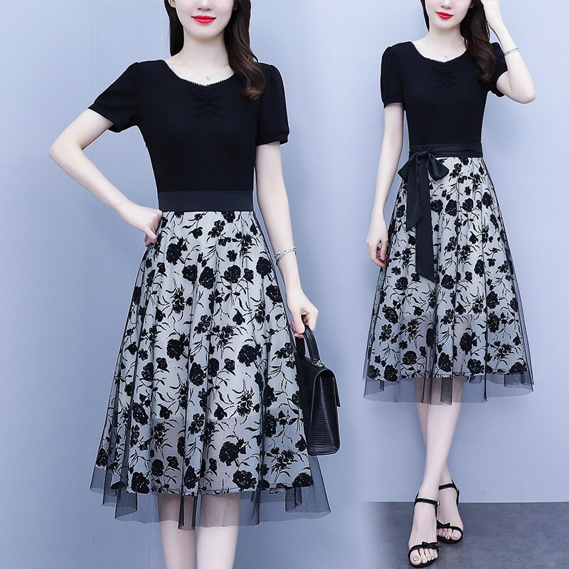 Fake Two-Piece Dress, Summer New Style 2026, Plus Size Women's Clothing, Elegant V-Neck Short-Sleeve Patchwork Mesh Printed Dress