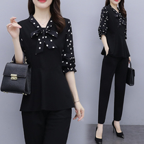 2022 autumn new fashion large size womens clothing retro wave point jacket foreign style loose slim trousers two-piece suit female