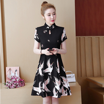 Large size belly cover dress age reduction 2021 summer new womens fat mm waist thin retro printing cheongsam