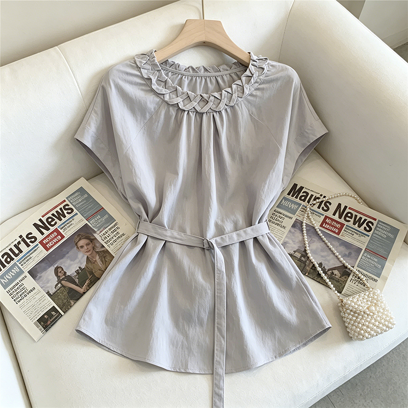 Plus-Size 2026 Summer New Stylish Lace Collar Short-Sleeve Shirt for Plus-Size Women with Tie Waist Babydoll Top