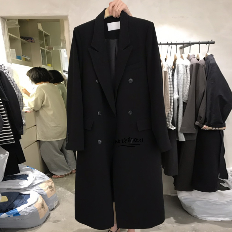 Korean Dongdaemun Autumn New Style Elegant Goddess-Style Double-Breasted Black Long Over-The-Knee Blazer for Women