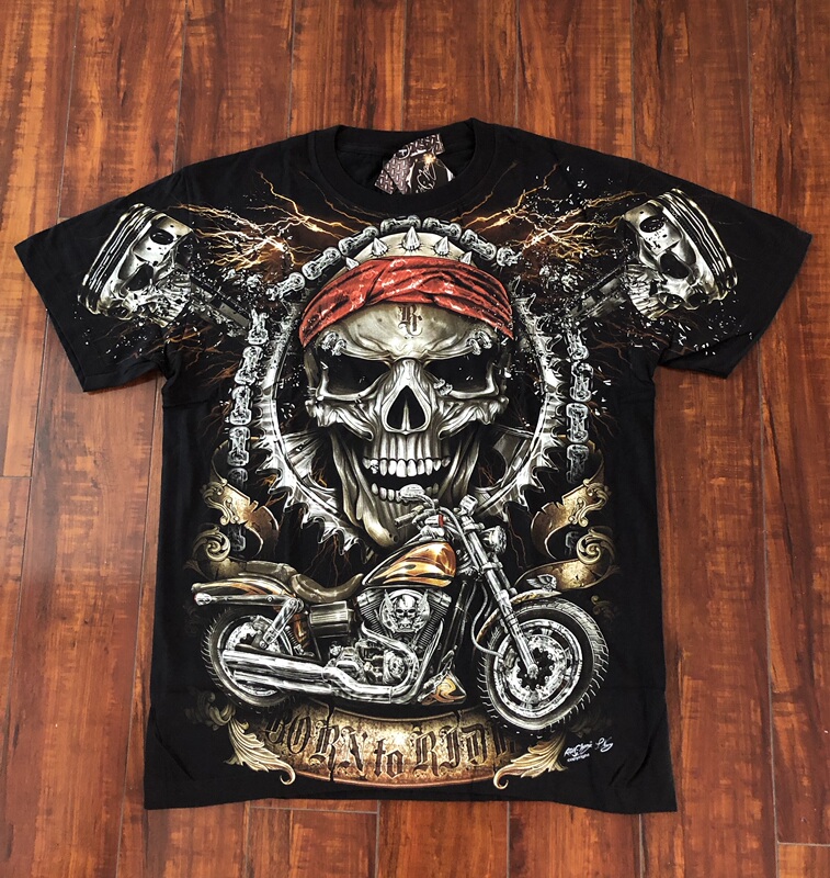 Trendy Men's Harley Motorcycle Clothing, Pure Cotton Short-Sleeve Red Bandana Skull T-Shirt, Loose Black Rock Style, Free Shipping