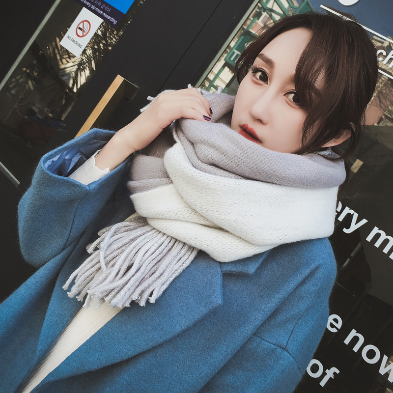 Double-sided scarf women's autumn and winter Korean version of the all-match long solid color thickened shawl warm knitted wool student scarf