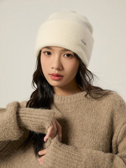 High-end 100% pure wool double-layer thickened knitted wool hat for women in winter cold-proof pile hat to show face and trend