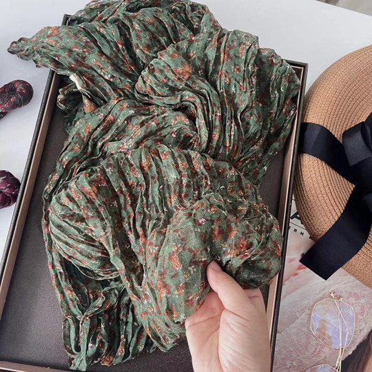 2024 Spring and Autumn New Fashion Floral Pleated Thin Scarf for Women, Ethnic Style Cotton and Linen Feel Silk Scarf, Neck Warmer for Mom