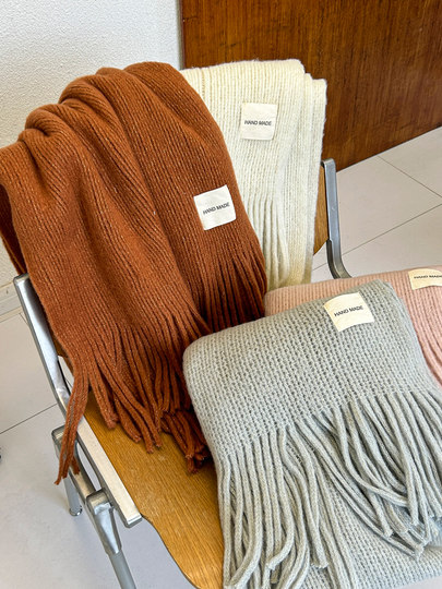 Korean Style Knitted Wool Scarf for Women, Winter 2025 New Model, Solid White Color, Long Warm Scarf for Students, High-End Feel