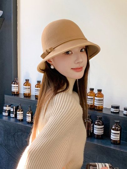 2024 New Hepburn Style Pure Wool Fisherman Hat for Women, Autumn and Winter Fashion British French Retro Hat