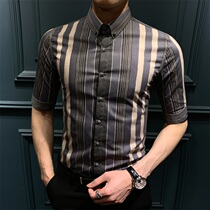 summer striped short sleeve men's Korean style half sleeve vertical striped slim fit casual mid sleeve trendy shirt