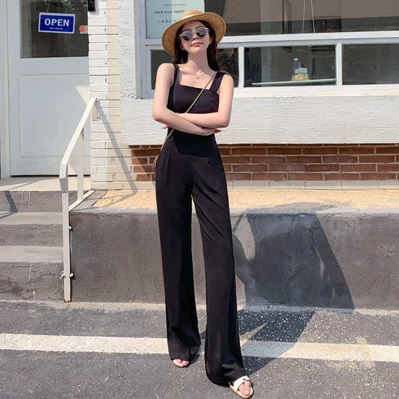 Black Casual Suspender Jumpsuit Women's Long Pants 2025 Spring and Summer New High-Waisted Slimming Elegant Overalls Wide-Leg Pants