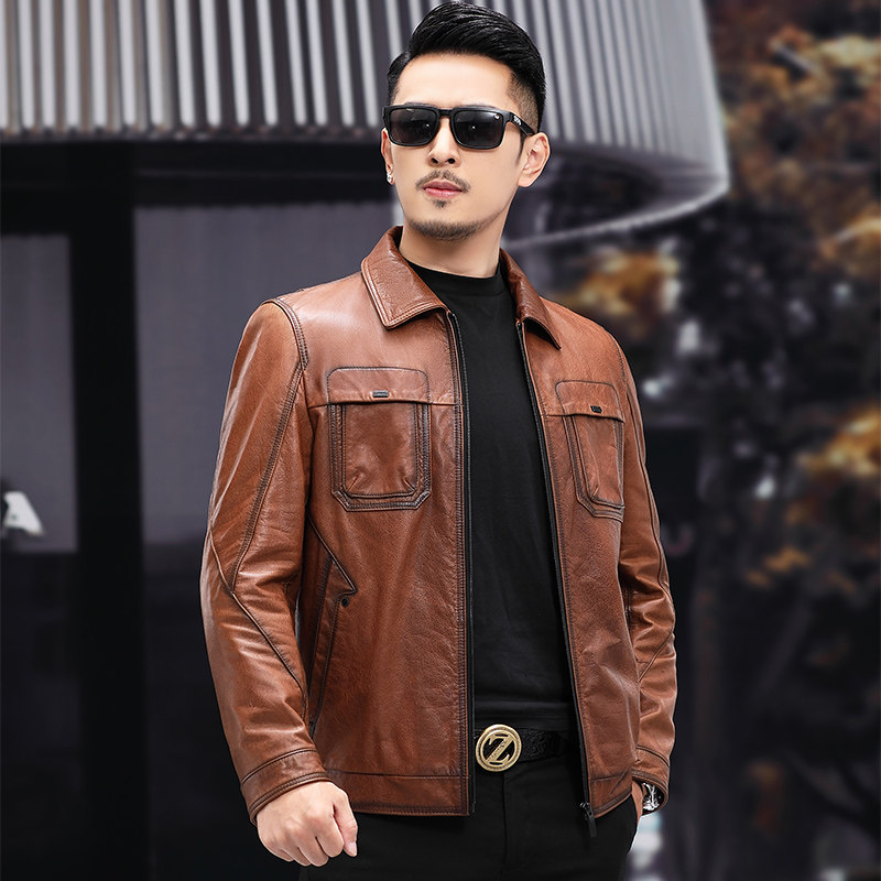 Haining's new leather jacket men's head layer waxed calfskin jacket slim fit lapel short trendy jacket 2021