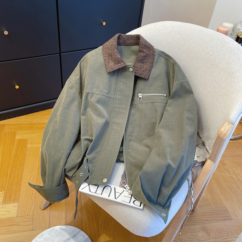 High-End Woven Lapel Zipper Short Jacket for Women 2026 Autumn Loose Fashion Green Pocketed Petite Coat High-End Woven Lapel Zipper Short Jacket for Women 2026 Autumn Loose Fashion Green Pocketed Petite Coat