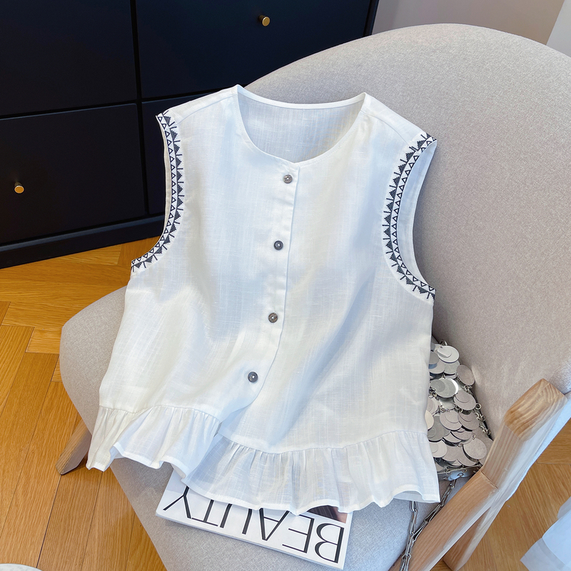 High-End White Embroidered Linen Lace Sleeveless Shirt for Women 2026 Summer Loose Skin-Friendly Breathable Cardigan Top