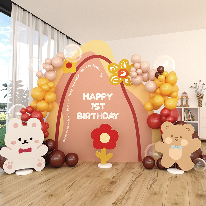 Hand-painted bear and rabbit birthday party baby one-year-old background board Mori cartoon animal Children's Day balloon decoration
