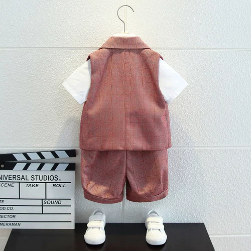 Детское летнее платье, пиджак классического кроя, жилет, комплект для мальчиков, классический костюм, наряд на выход, короткий рукав, подарок на день рождения