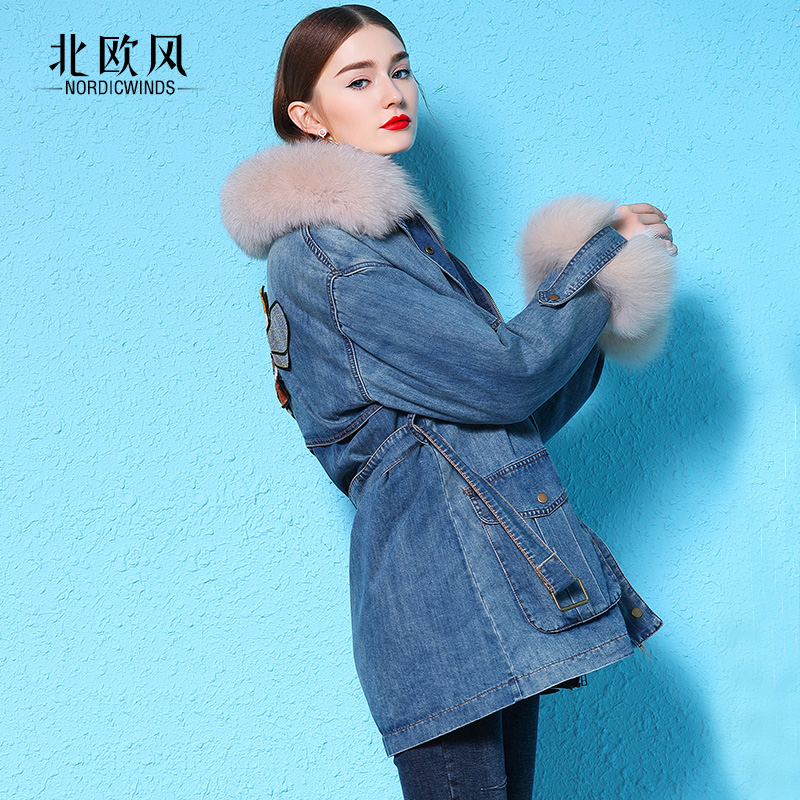 Big fox fur collar denim plus velvet blue long coat down jacket women's lining removable pie overcome